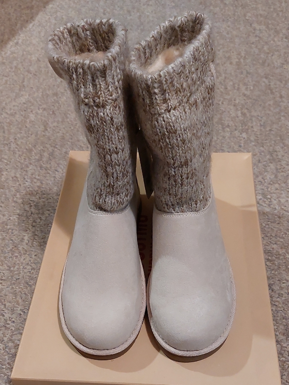 Adorable Faux Suede Ivory Boots With Oatmeal Yarn Tops